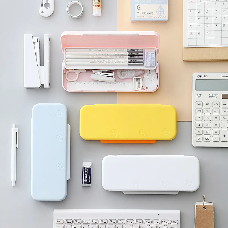 

10Pcs Double Layer Plastic Stationery Box Color Cute Pencil Case Student Pen Case Children Pencil Box School Supplies Storage