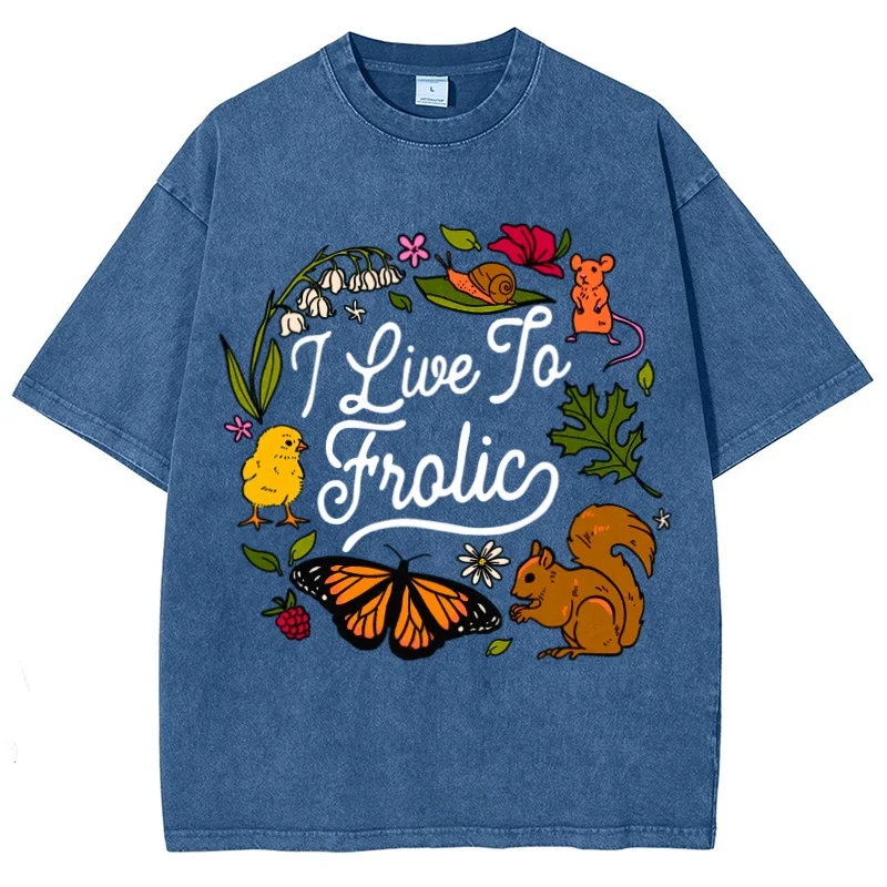 Hamster Butterfly Squirrel Flower Wreath Print T-Shirt Old Trend Oversize Neutral Style Round Neck Sleeve Short Sleeve