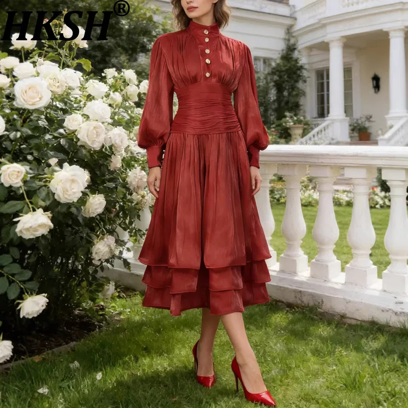 

Женское элегантное длинное платье HKSH с рукавами-фонариками, на пуговицах, с оборками, плиссированное, с утягивающей талией, шикарное, новинка Весна 2026 HK19556