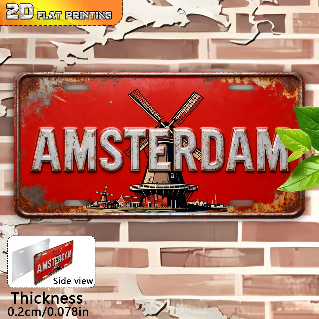 2D Flat, Heavy-Duty Aluminum Amsterdam Netherlands Windmill & Dutch Capital Lettering Metal Sign - 6