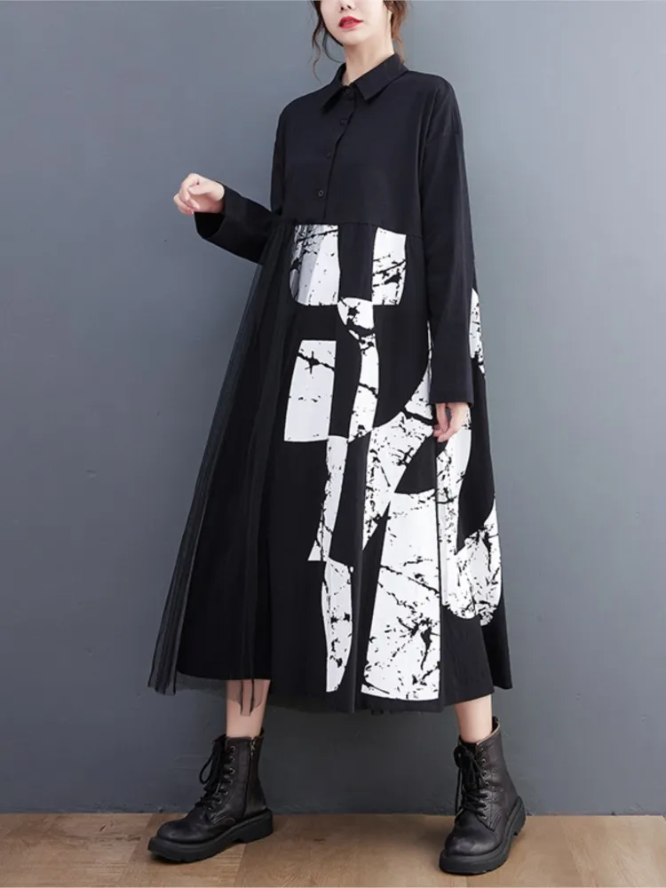 Oversized Autumn Midi Dress Women Print Mesh Patchwork Modis Ruffle Pleated Loose Ladies Dresses Casual Long Sleeve Woman Dress