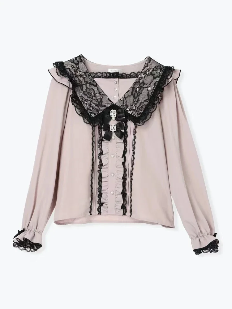 Japanese Original Single Mine Lolita Shirt Sweet Lace Cute Bow Long Sleeve Shirts Top Spring and Autumn New Camisas Blusas Tops