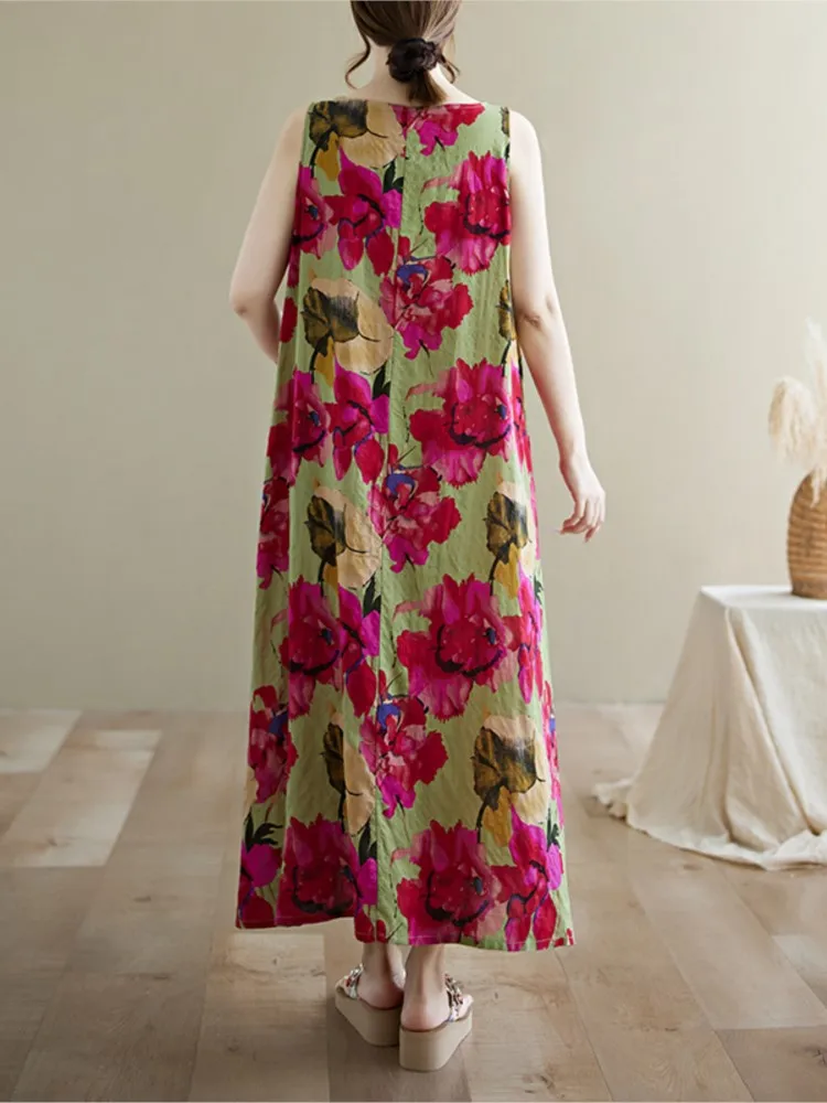 ขนาดใหญ่ฤดูร้อนแขนกุด A-Line ชุดผู้หญิงดอกไม้พิมพ์ดอกไม้แฟชั่นหลวมสบายๆสุภาพสตรีชุด Ruffle ชุดผู้หญิง