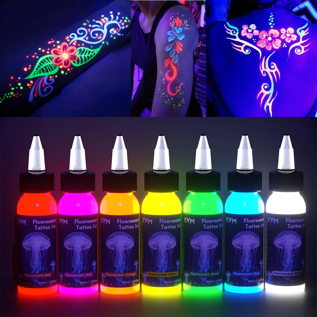 

Флуоресцентные чернила для тату KVM, 30 мл, 7 цветов, пигмент для боди-арта, оснащены ультрафиолетовой лампой, принадлежности для татуировок