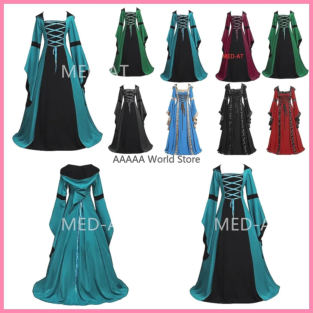 

Medieval Hooded Maxi Dress for Women, Gothic Victorian Renaissance Gown for Halloween Cosplay Party