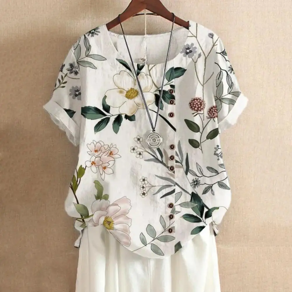 

Women Summer T-shirt Women Top Floral Print Women's Summer T-shirt with Button Detail Loose Fit Casual Tee Shirt for Streetwear