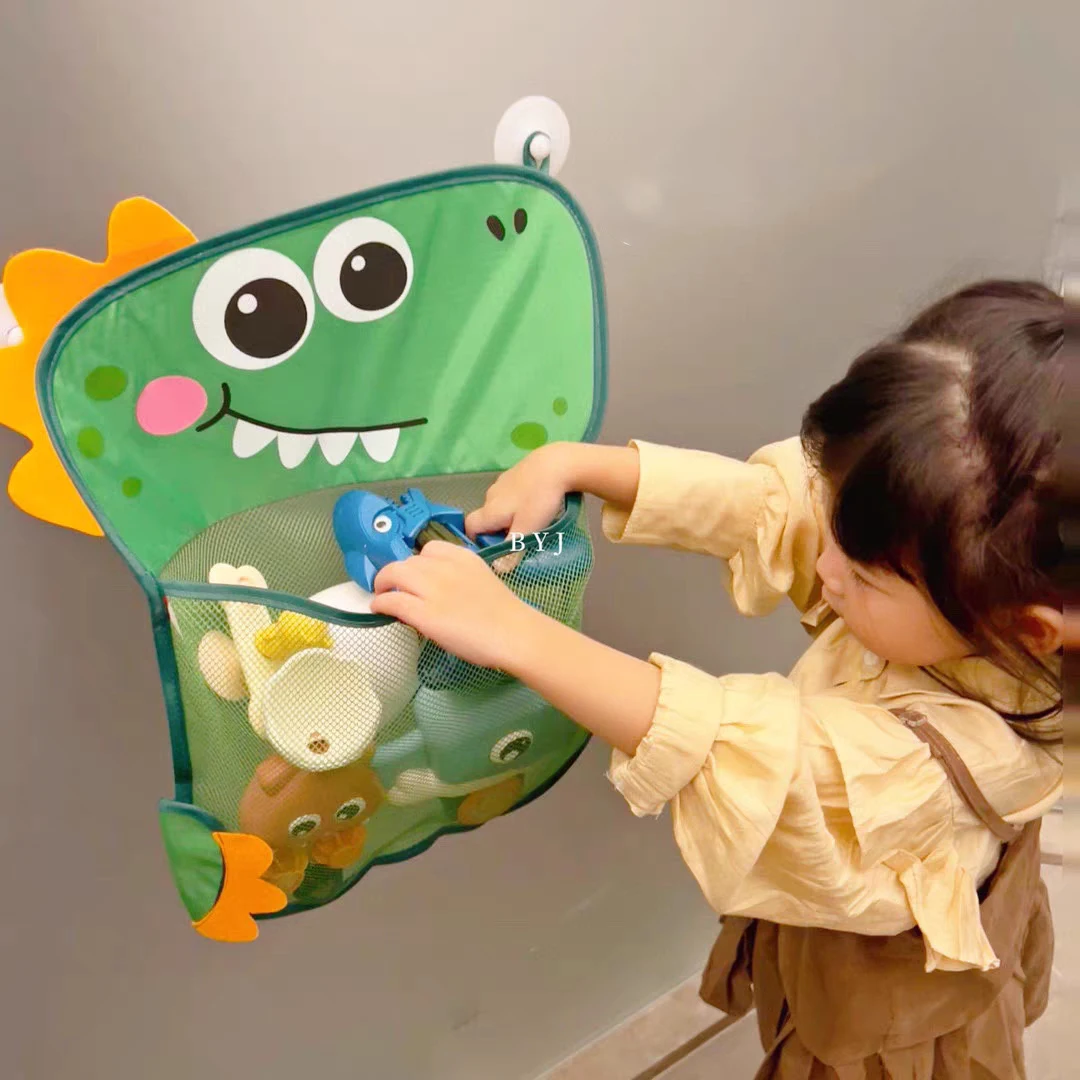 Baby Bath Toy Storage Bag Suction Cup Fixed Design Cute Cartoon Dinosaur Frog Animal Shape Children's Bathroom Grid Storage Bags