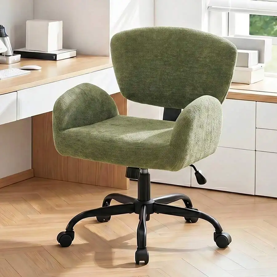 Upholstered Office Chair With Split-Back Design & 90°~108° Gentle Rocking, Ergonomic Swivel Vanity Chair With Armrests, Height-A