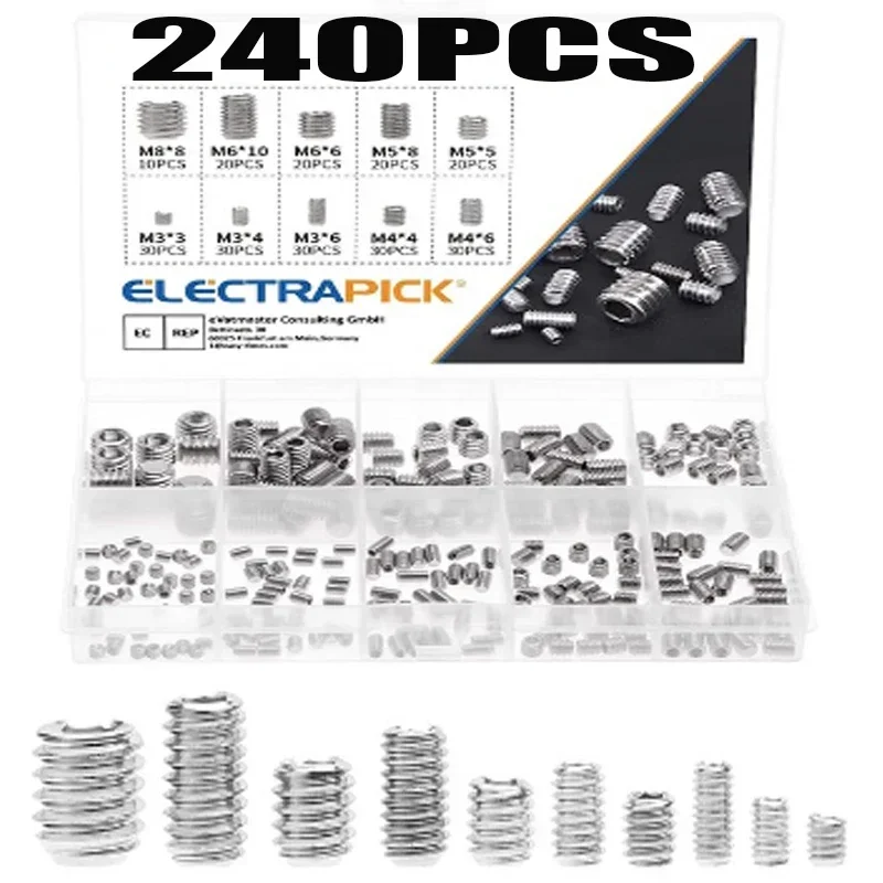 240pcs M3-M8 304 Stainless Steel Grub Screws Hex Socket Allen Cup Point Set Screws for Door Handles and Furniture Repair