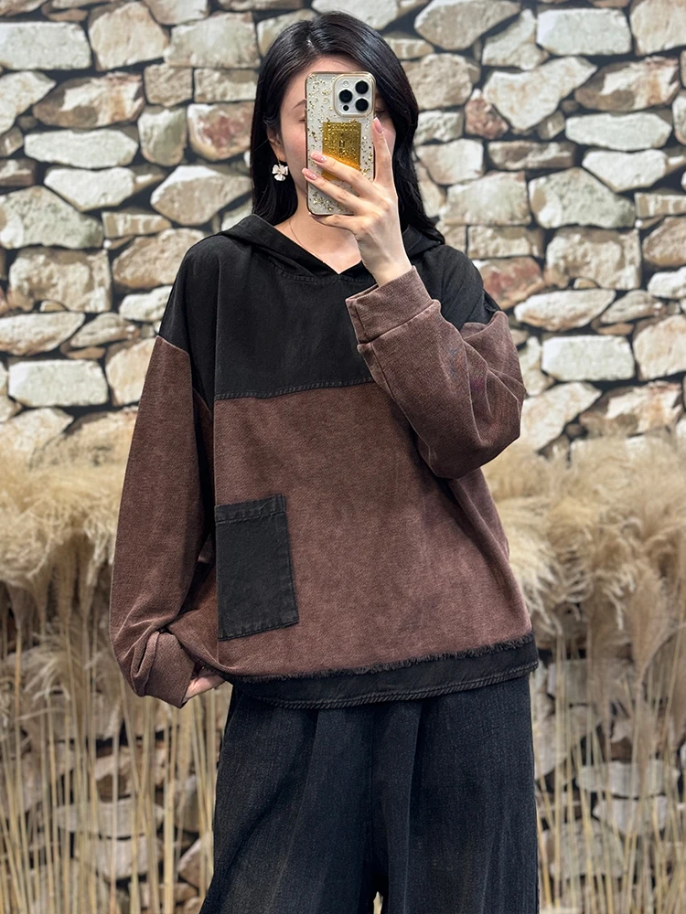 Amax LuluE ملابس الخريف الكلاسيكية النسائية خمر موضة فضفاضة مقنعين هوديس السيدات الفاخرة المرقعة بلوزات القطن عادية