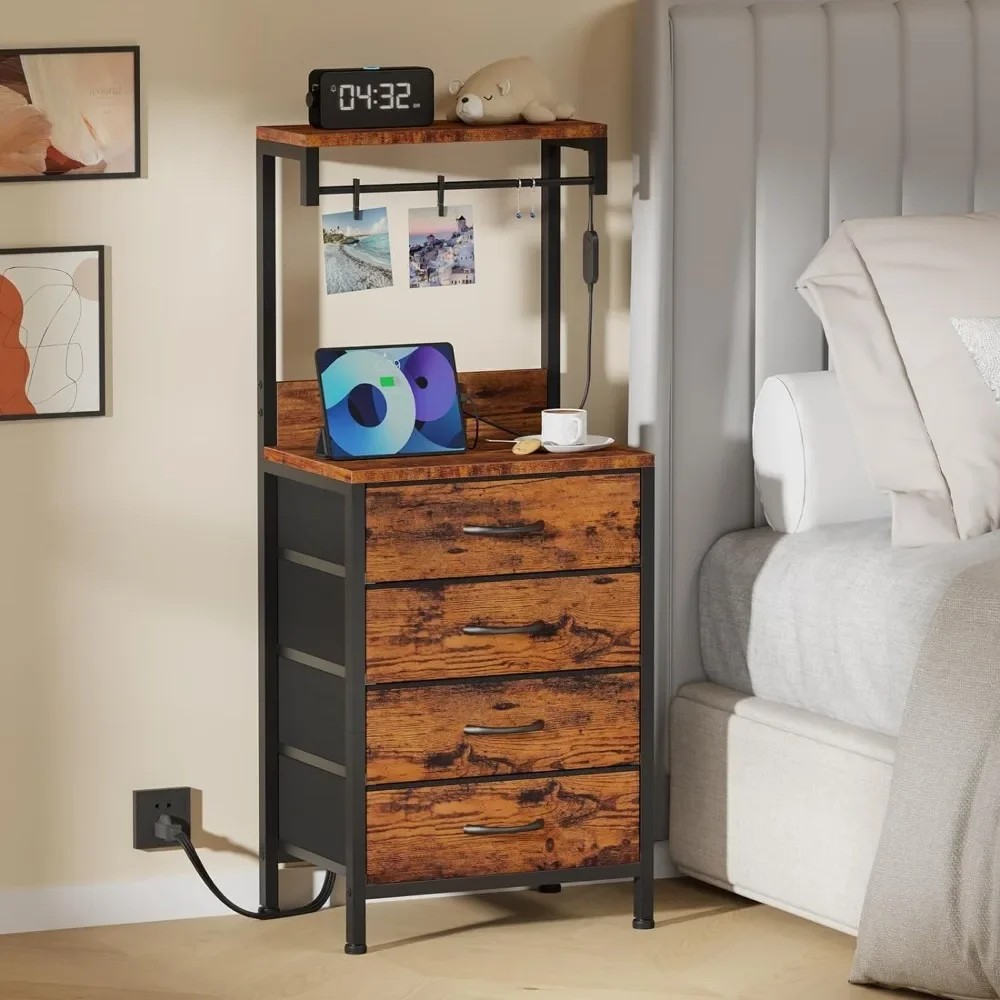 

Nightstand with Storage Shelves, Night Stand with USB Port Charging and LED Lights, Bedside Table for Bedroom, Hallway, Office