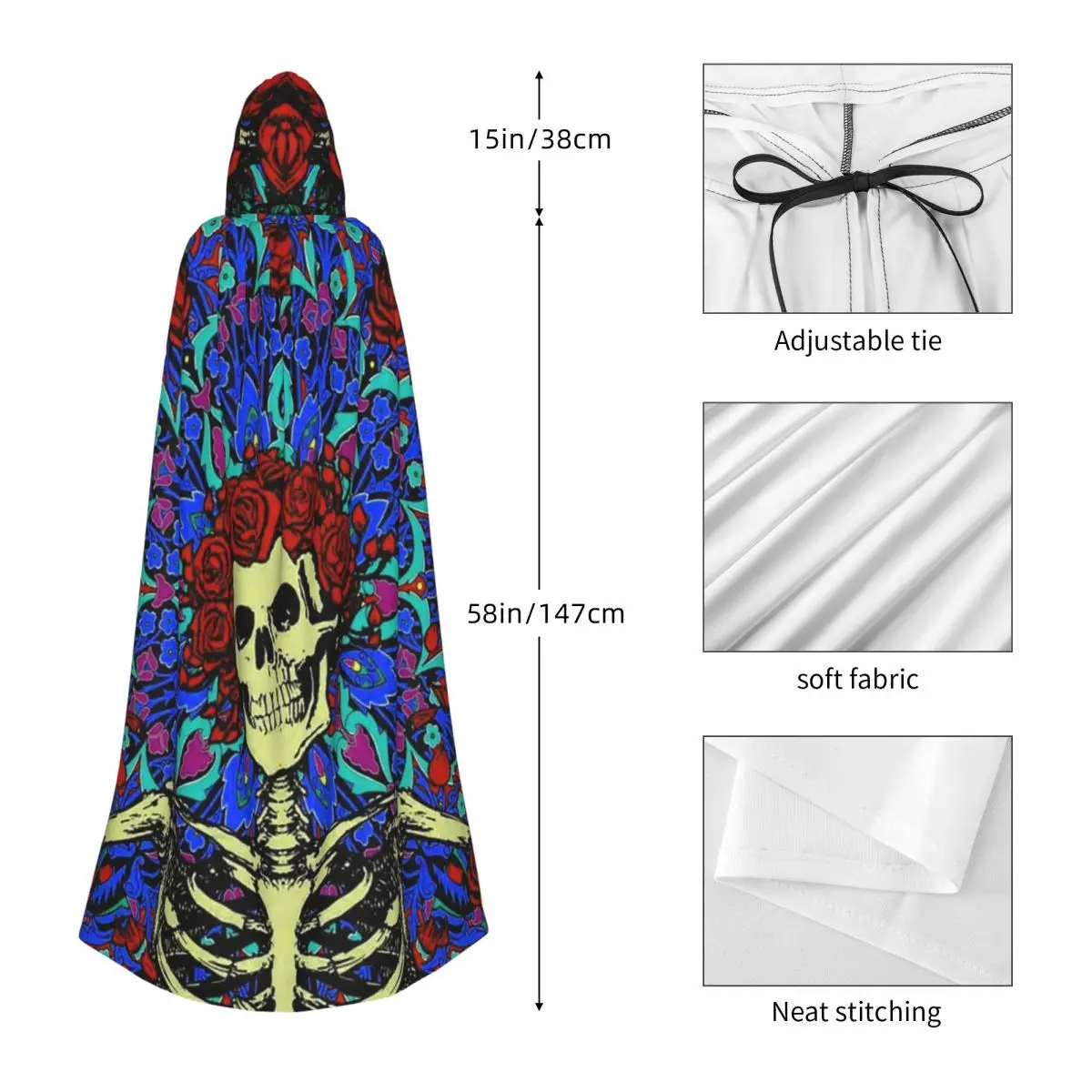 يوم ممتن من الموتى الورود الهيكل العظمي الجمجمة طويلة مقنعين عباءة الساحرة القرون الوسطى زي تأثيري كيب هالوين معطف الكبار للجنسين