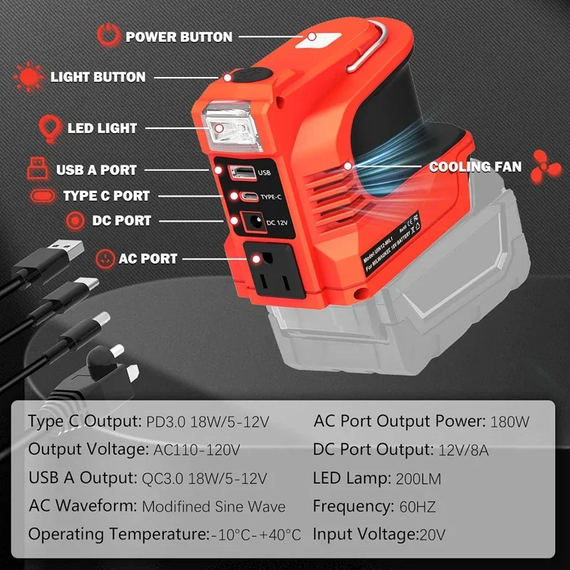 180W Power Inverter For Dewalt/Milwaukee/Makita/Bosch18V Battery AC110V-220V Power adapter With LED light Portable power bank