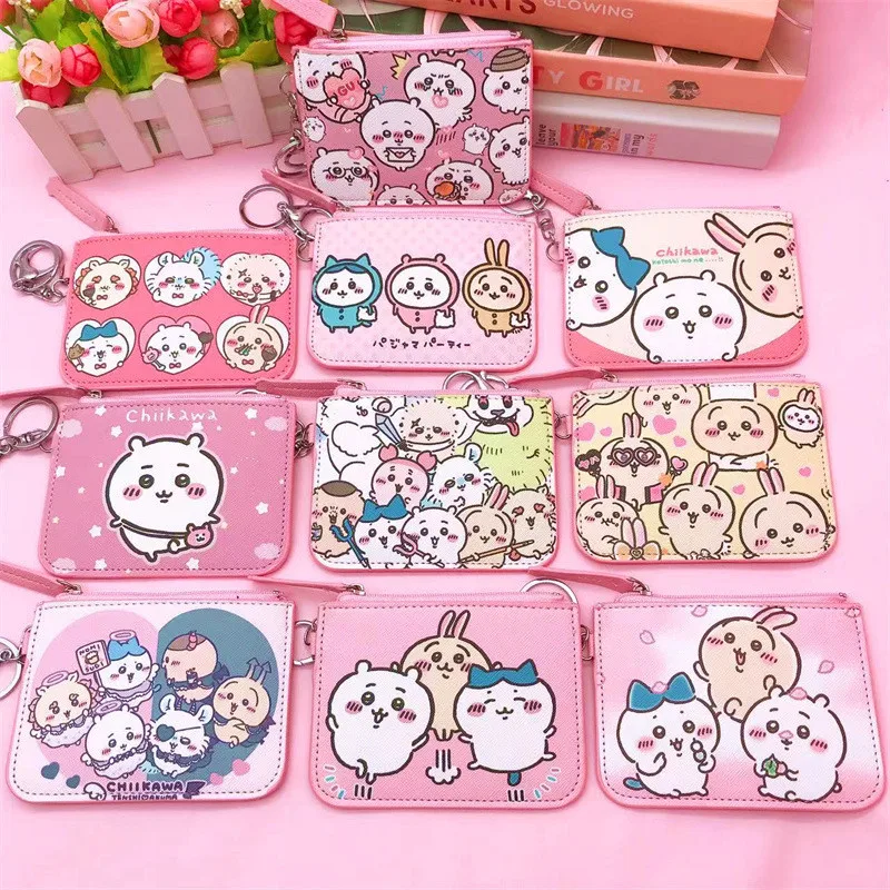 ハチワレ ちいかわ Woman Purse Schoolgirl Cartoon Cute Printed Large Capacity Card Change Storage with Key Chain Zipper PU Coin Purse