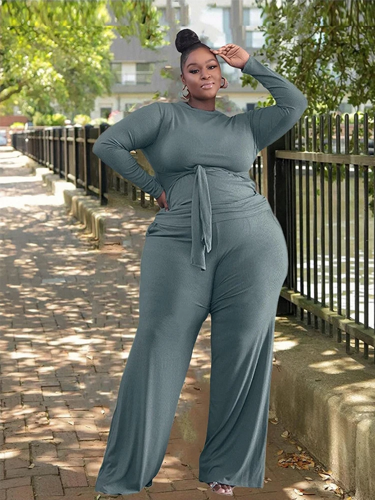 

Plus Size Two Piece Sets Womens Outifits Solid Long Sleeve Top and Pant Curve Knit Set Large Size Suit Wholesale Dropshipping