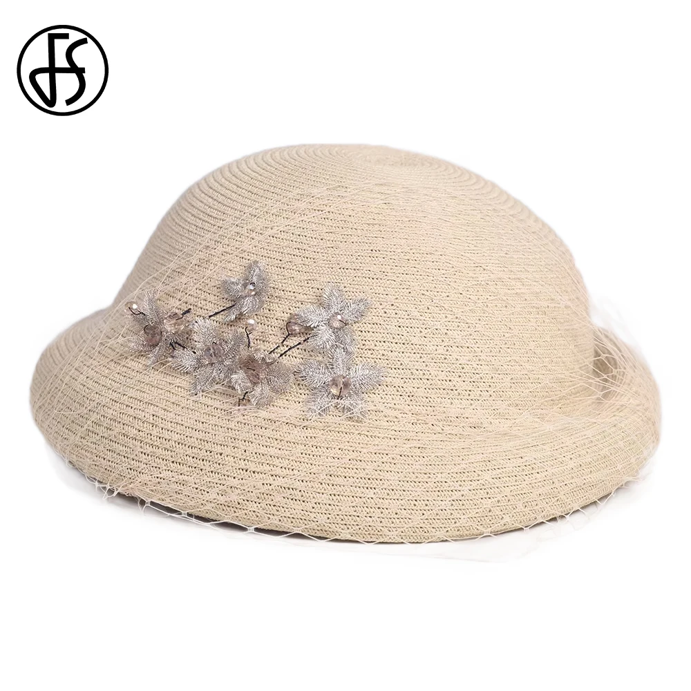 

FS Autumn Straw Fascinator Hat French Veil Beret Caps For Women Elegant Camel Beige Church Hats Vintage Wedding‌ Bride Cap 2025