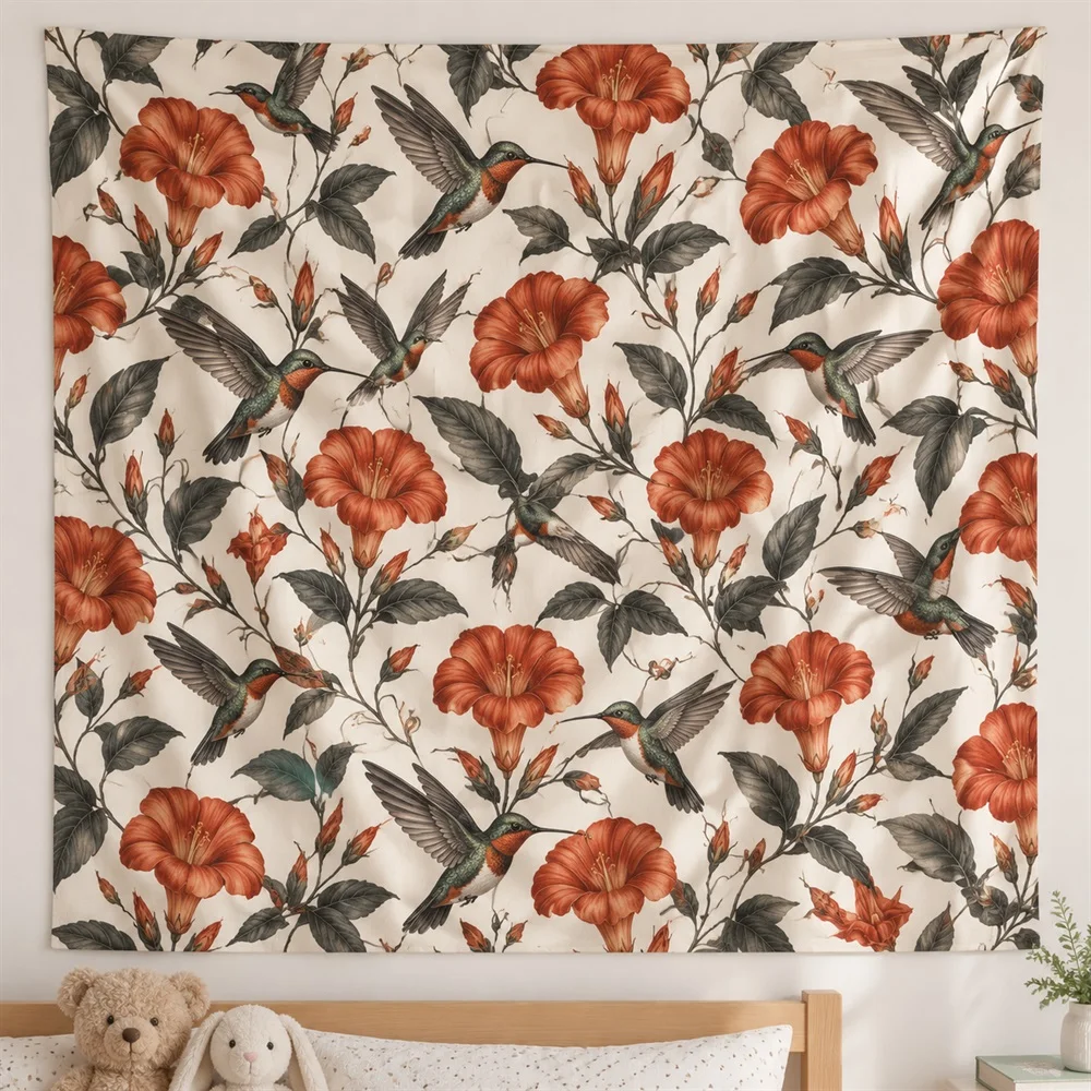 VIKAMA Hummingbird Flower Tapestry Wall Hanging, Garden Aesthetic Room Decor Wall Art Tapestries for Living Room Bedroom Kitchen
