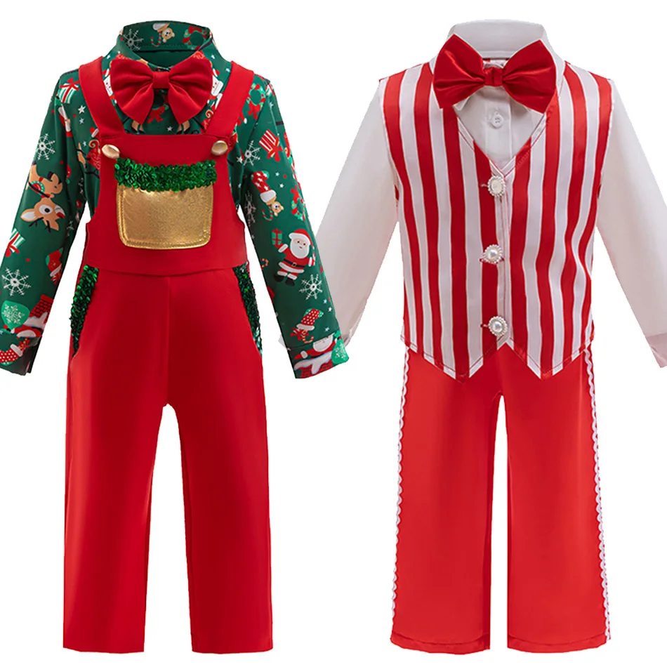 Boys Christmas Party Bowknot Formal Costume Kids Xmas Gift Children Long Sleeves Red White Stripes Event Festival Charm Outfits