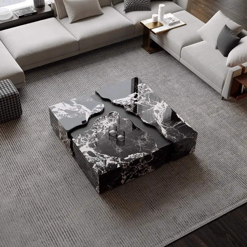 Modern style marble coffee table with panel top, height adjustable, metal frame, light luxury design, suitable for living room