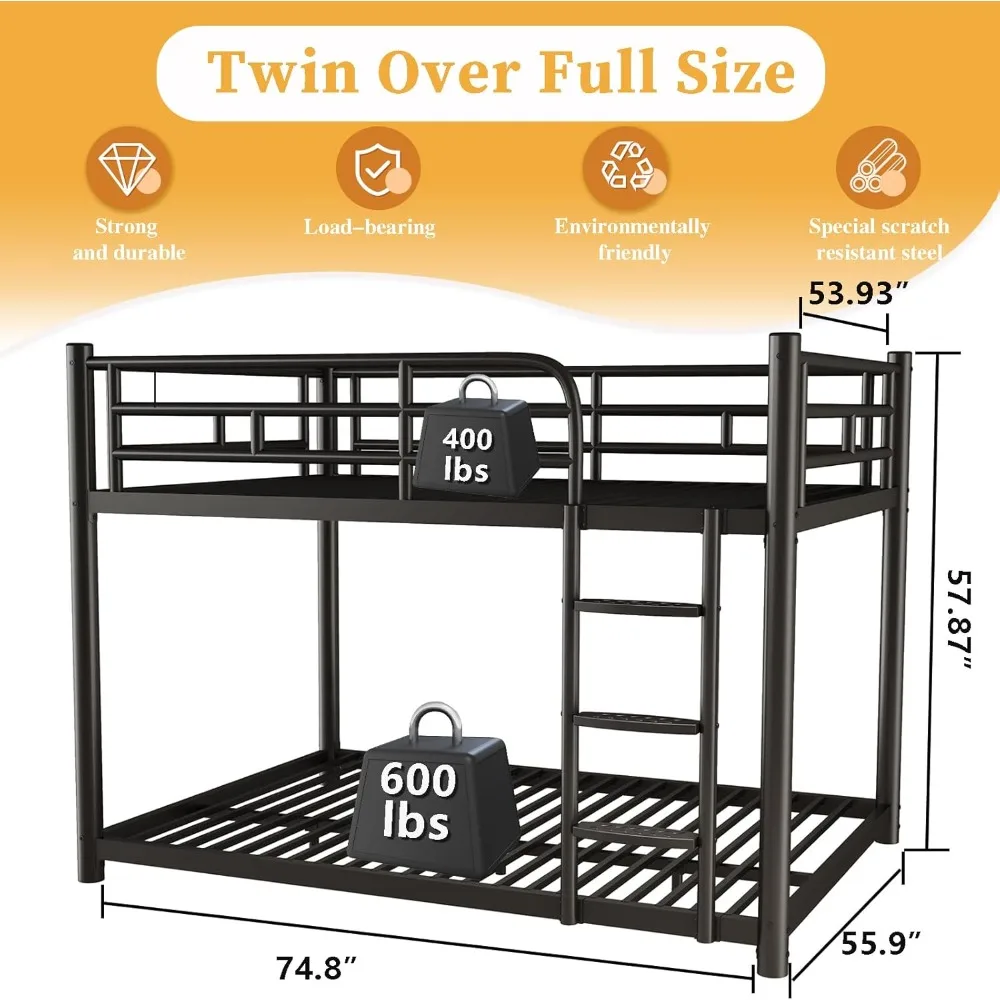 سرير مزدوج بطابقين كامل مع حاجز أمان وسلم، مناسب للأطفال والكبار، إطار سرير كامل الحجم، هيكل معدني لـ D #2