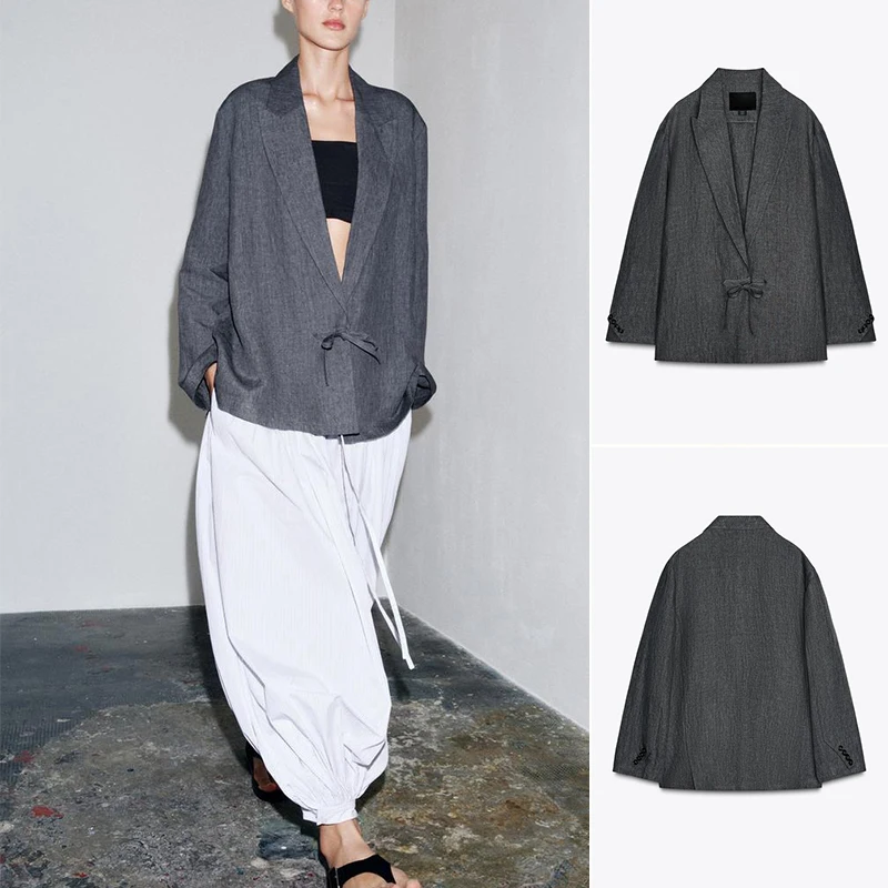 

Летний женский костюм с воротником-стойкой и длинным светом из смеси льна, двусторонний костюм Jaet для поездок на работу, свободный крой, обычная длина