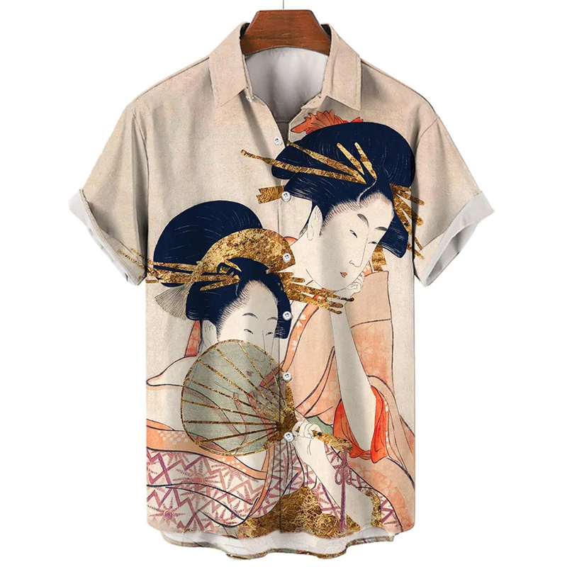 Japanese 3d Printed Geisha Shirt For Men Clothing Street Loose Oversized Short Sleeved Tops Summer Casual Lapel Hawaiian Shirts