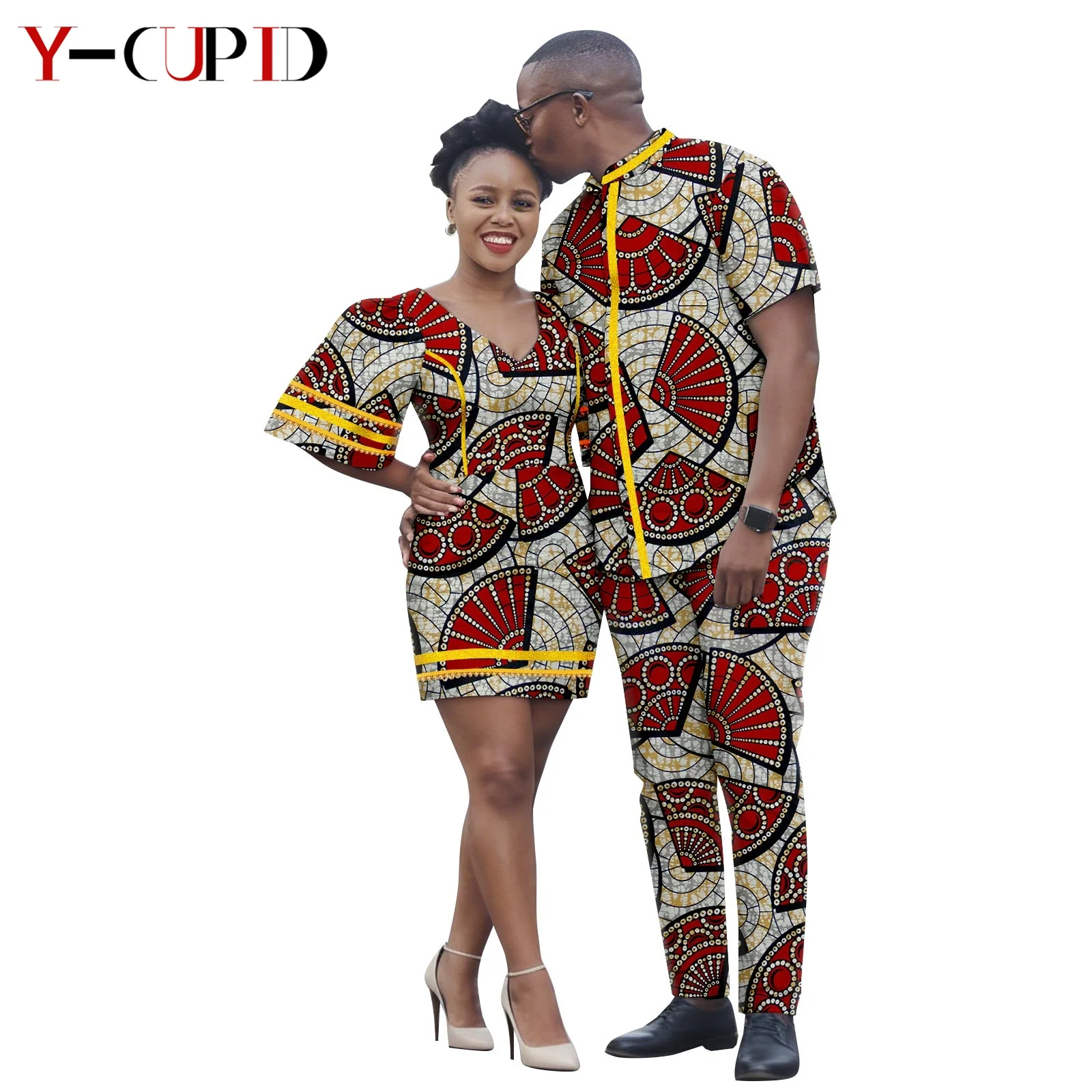 African Print Sexy V-neck Mini Dresses for Women Matching Men Outfit Dashiki Top Jackets and Pant Sets Couples Clothes 26C023