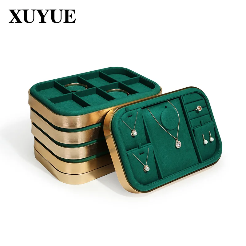 

Jewelry display tray Necklace Ring Bracelet Green jewelry tray metal super fiber jewelry tray storage tray props in stock