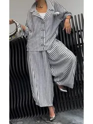 Fashionable Long-sleeved Lapel Shirt Top + Harem Pants 2-piece Set For Women Autumn Button Striped Nine-point Pant Suit Female