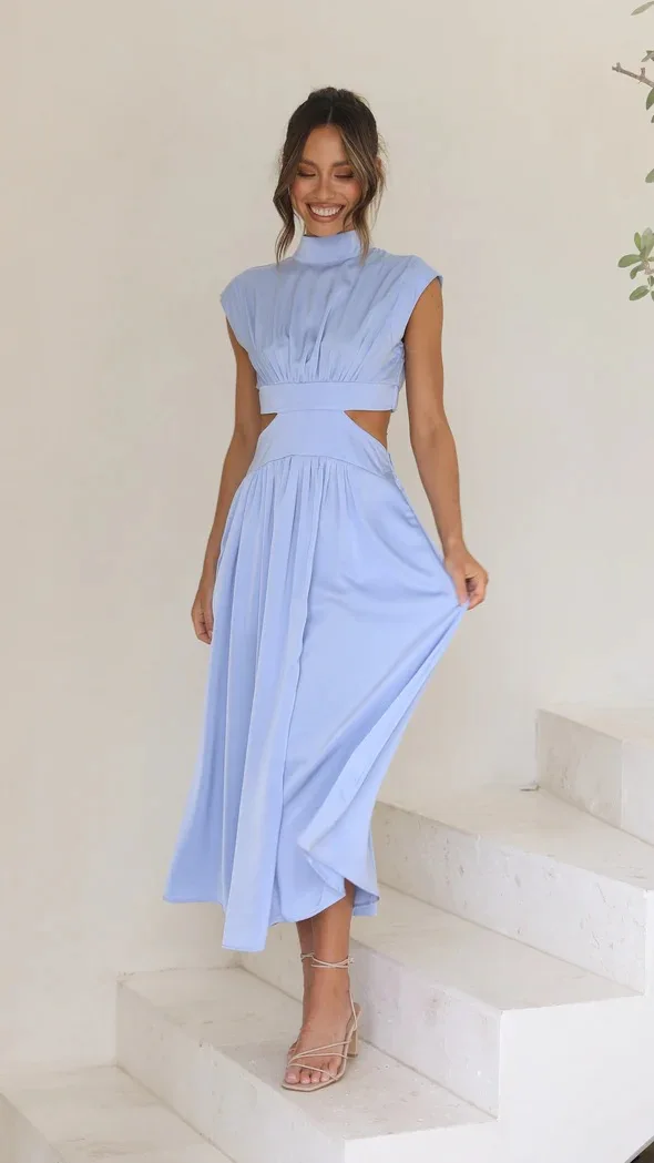 

2024 Fashion Summer Sleeveless Midi Dresses Sexy Evening Party Bodycon Stand Collar Open Waist Long Dress Robe D' Été Vestidos