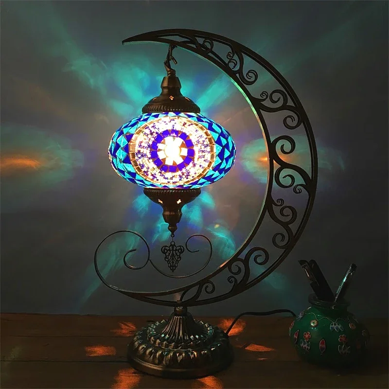 Decoration Vintage Ethnic Style Romantic Moon Bedroom Living Room Restaurant Cafe Hotel Handmade Mosaic Glass Turkish Table Lamp