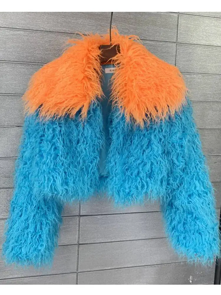 Women Faux Sheep Coat Contrast Color Lapel Top Cropped Winter Fur Jacket Woman Outerwears New In Coats & Jackets