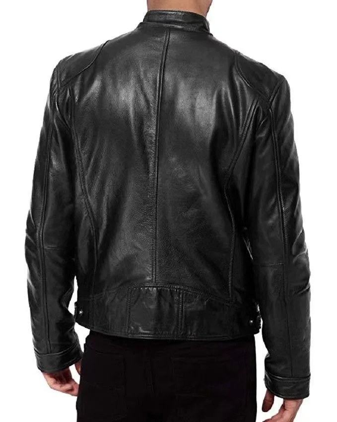 MAIDANGDI   Men's Leather Jacket  Round Neck  Oversized Motorcycle Style Jacket  Solid Color Top  Artificial Leather Jacket