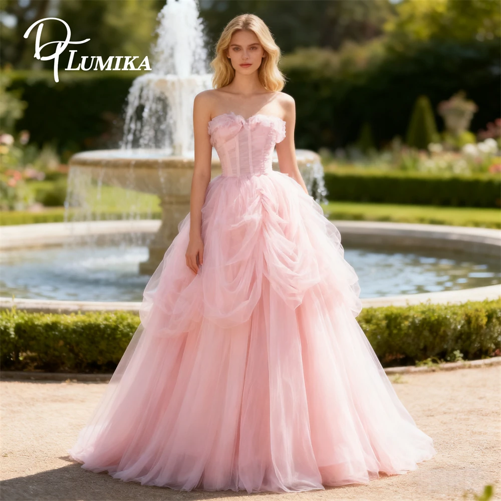 DTLumika Vestido de fiesta de princesa fruncido para mujer, vestidos de noche largos sin tirantes de tul, vestidos dulces 15 16 vestidos de fiesta quinceañera