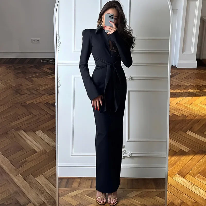 2025 nieuwe elegante effen slanke damesjurken mode lange mouwen kant-up split hoge taille lange jurk high street party damesjurk