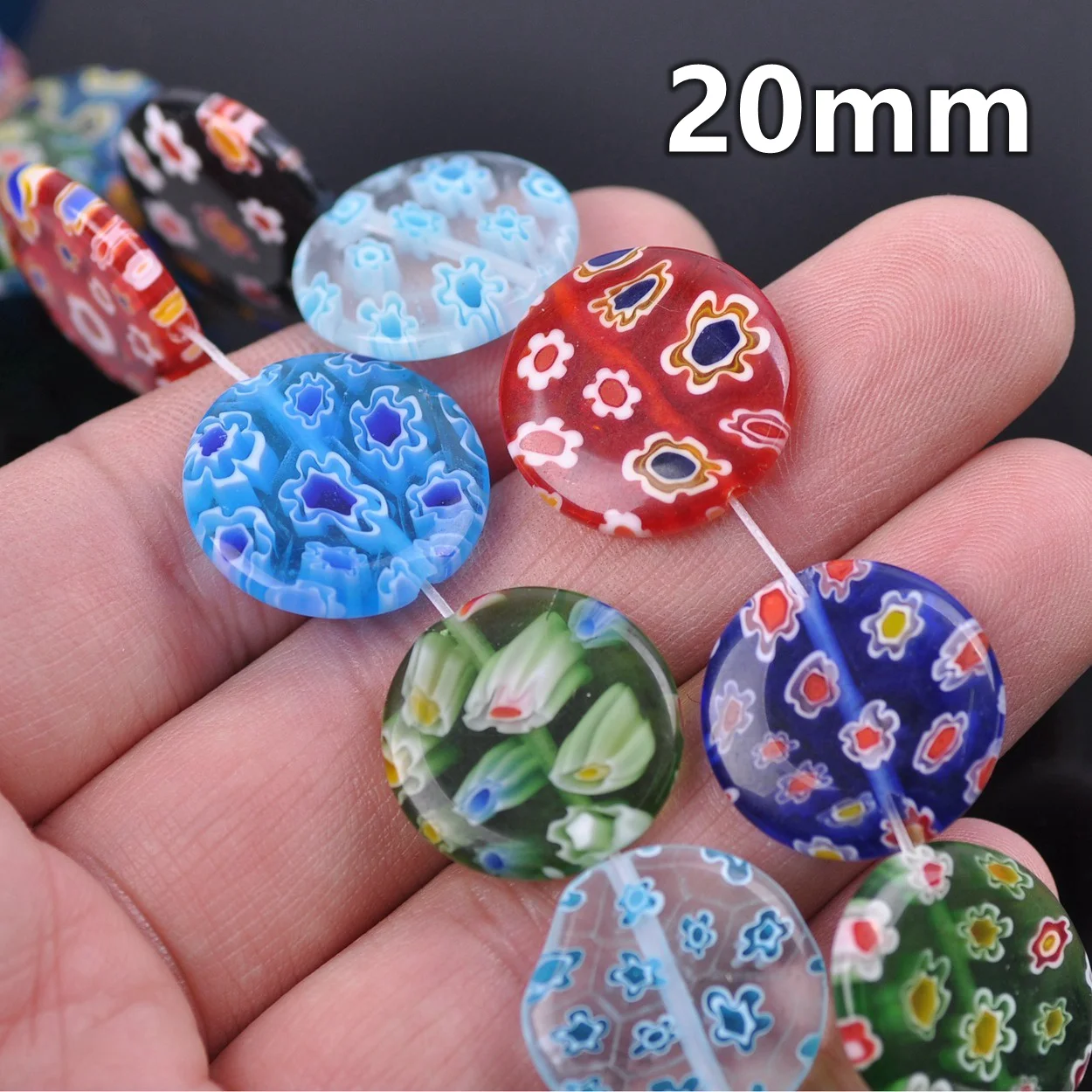 10pcs 14mm 20mm Random Mixed Heart Patterns Flat Round Shape Millefiori Glass Lampwork Loose Beads For Jewelry Making DIY