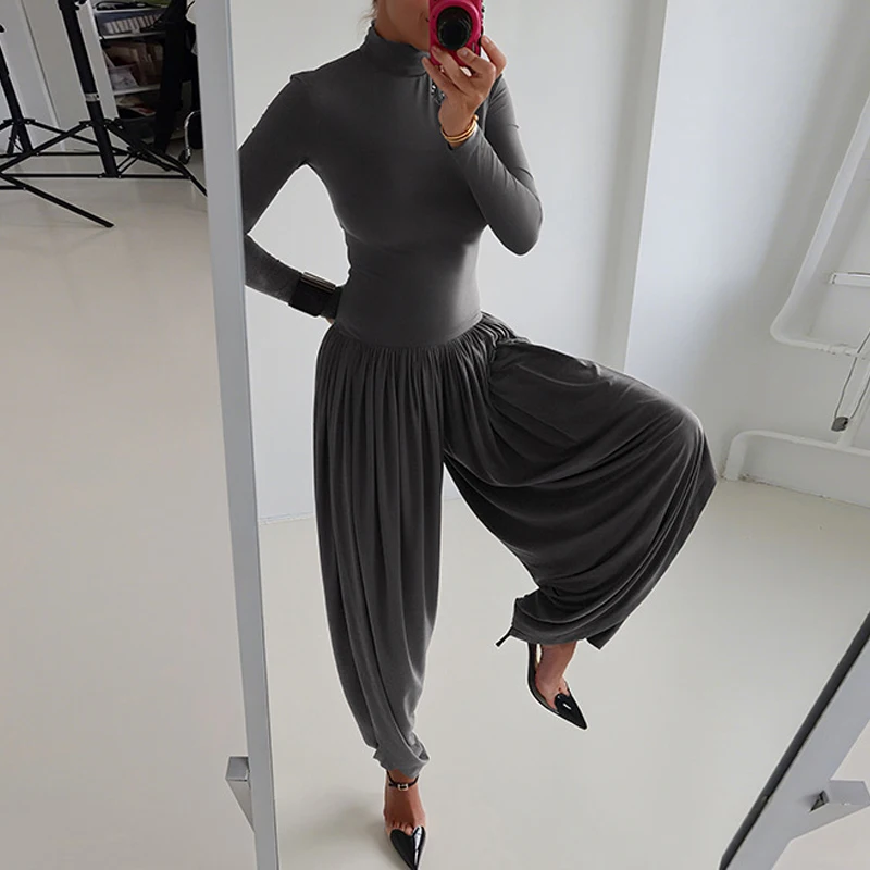 

Женский элегантный драпированный комбинезон с высоким воротником и длинными рукавами, повседневный, модный, свободный, для вечеринок, в стиле High Street