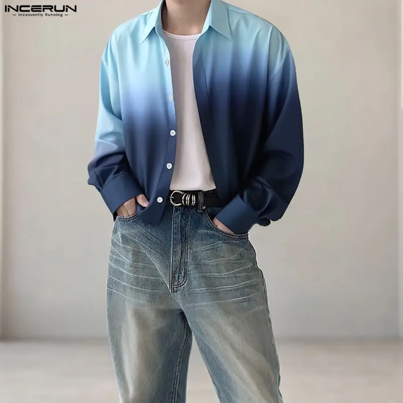 INCERUN Men Shirt Tie Dye Gradient Lapel Long Sleeve Men Clothing Loose Streetwear Korean Style Fashion Casual Tops Male Shirts