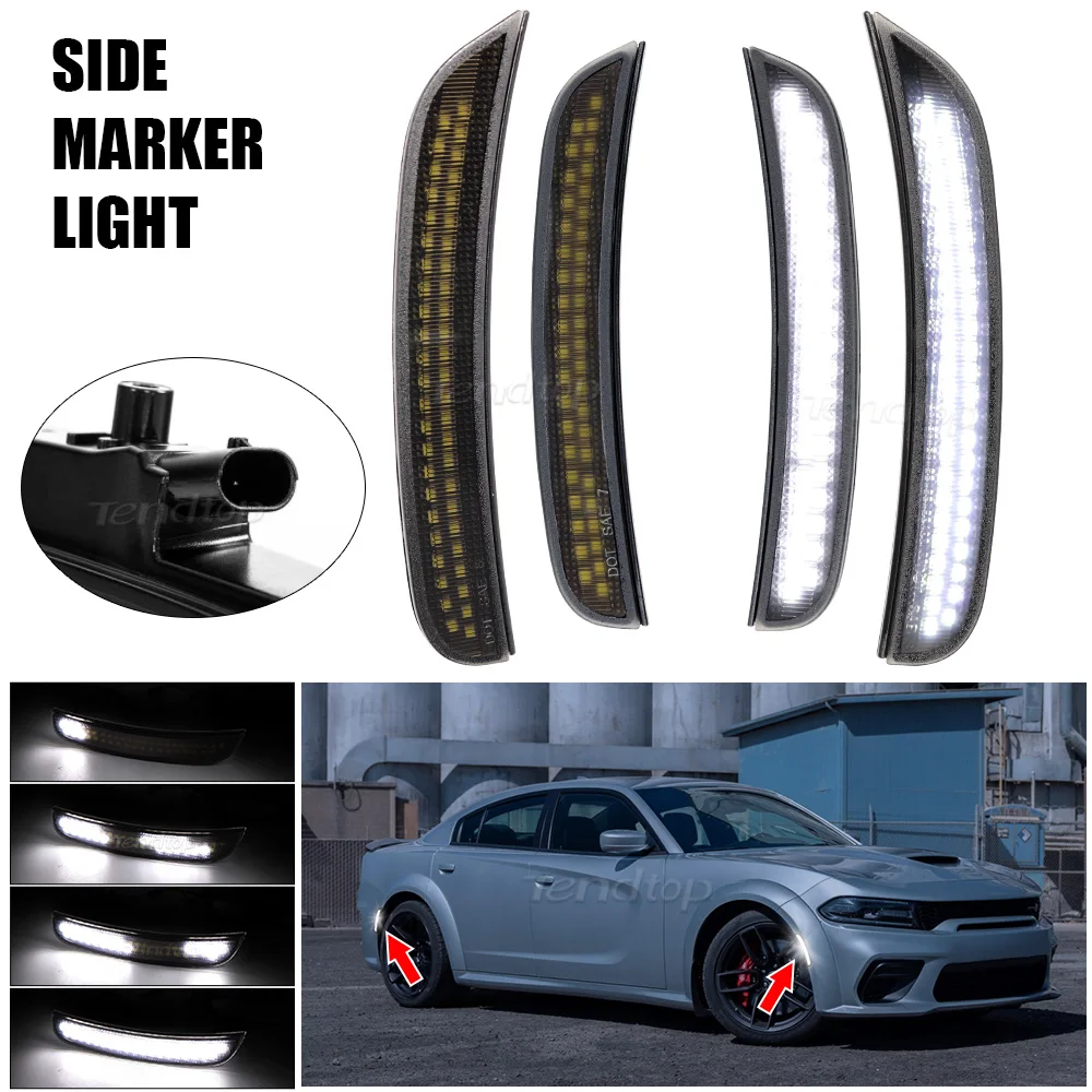 4pcs White Led Flashing Side Marker Light Turn Signal Lamp Front & Rear Side Marker Light Indicator For Dodge Charger 2015-2023