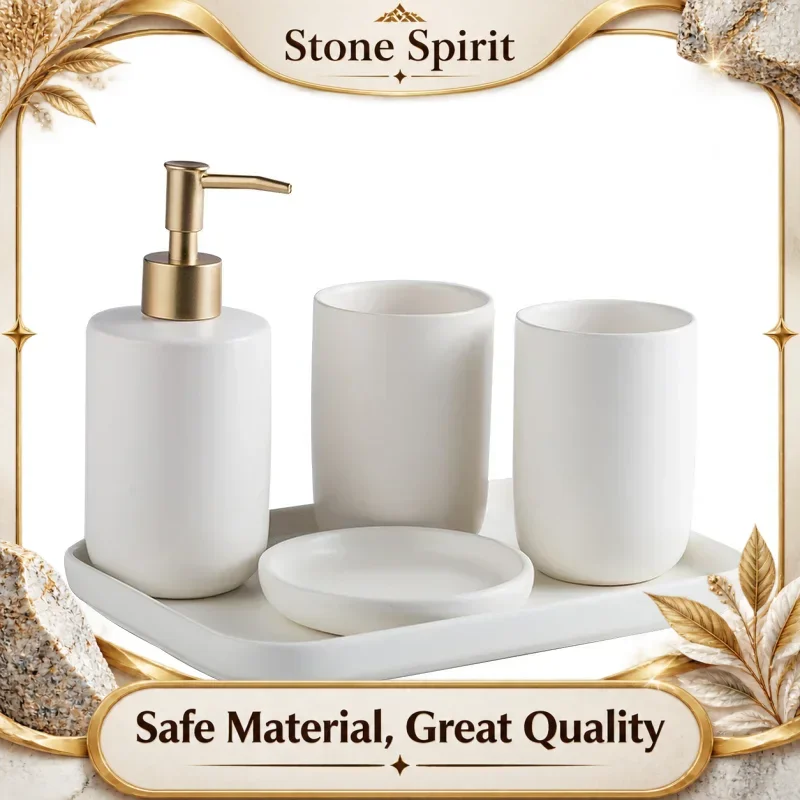 Ceramic Wash Set Bathroom Decoration Accessories Lotion Bottle Soap Dish Mouthwash Cup Black Tray Household Bathroom Supplies