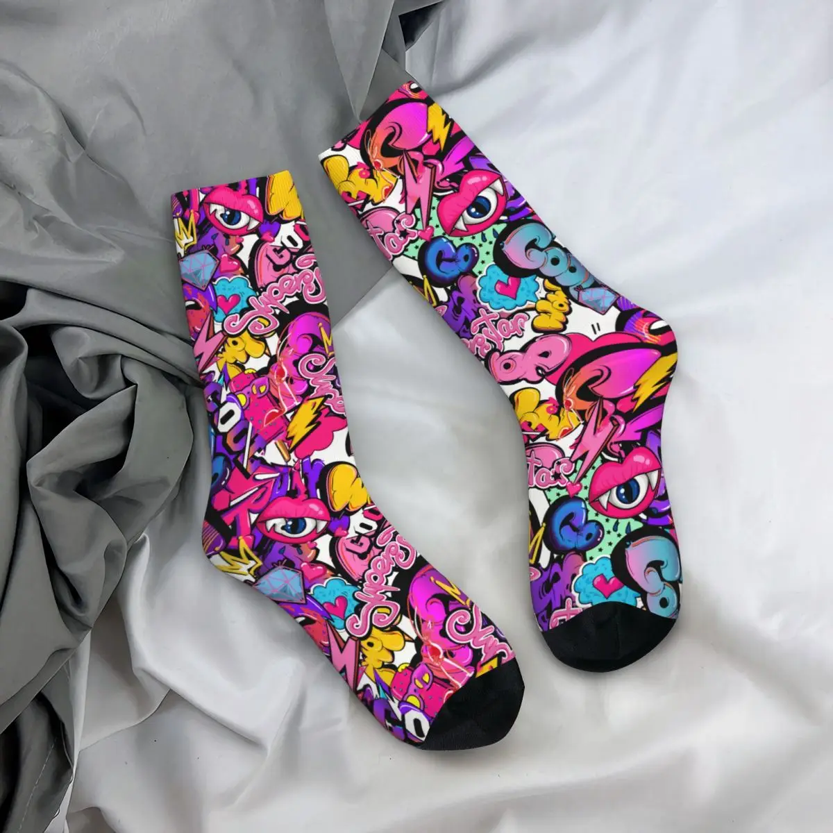 Crazy Sock para hombre, calcetín con estampado de grafiti, texto, cómics, elementos de signo, Hip Hop, patrón de Arte de Graffiti, regalo informal