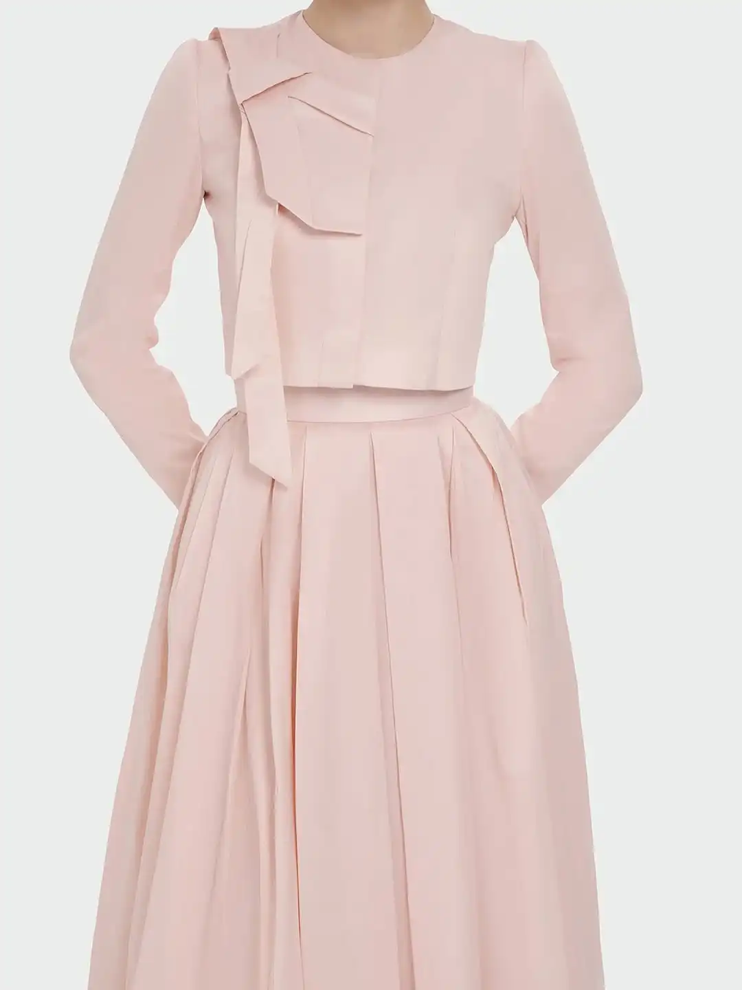 Lili's Couture Collection Store Elegant Blush Pink Two Piece Dress With Asymmetric Bow Detail Long Sleeve Crop Top & High Waist