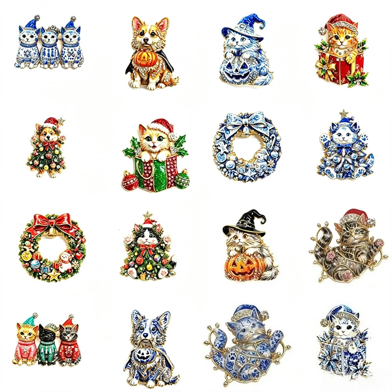 Vintage Rhinestone Enamel Brooch Christmas Halloween Cat Dog Wreath Lapel Pin Fashion Animal Jewelry