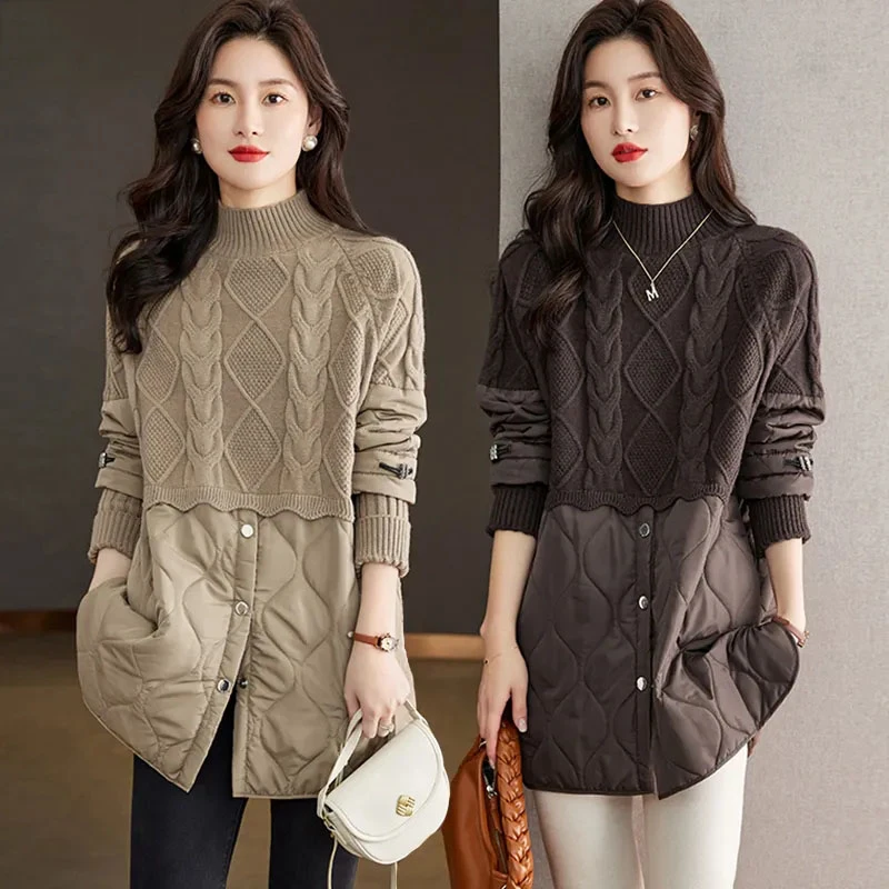 2024 New Winter Sweater Stitching Cotton-padded Jacket Women's  Thick Loose Warm Casual Parkas Female Jacket Overcoat