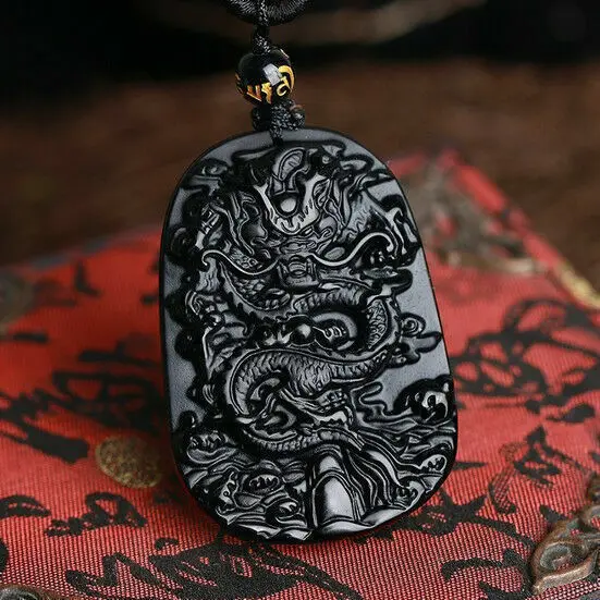 Natural Black Obsidian Hand Carved Dragon Head Lucky Amulet Pendant Necklace for Gift Collectible