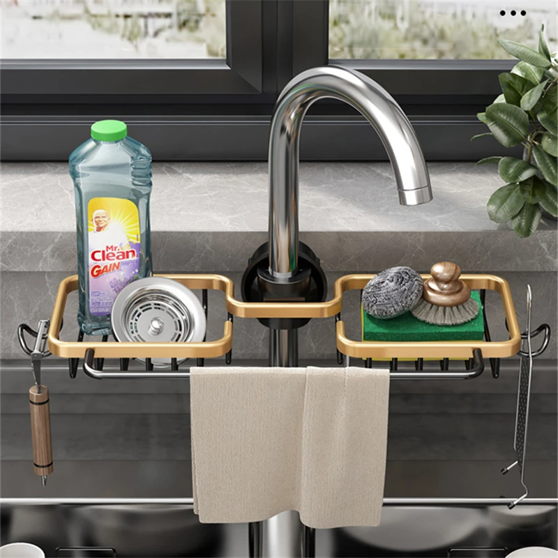 Kitchen Space Aluminum Sink Drain Rack Sponge Storage Faucet Holder Soap Drainer Shelf Basket Organizer Kitchen Accessories