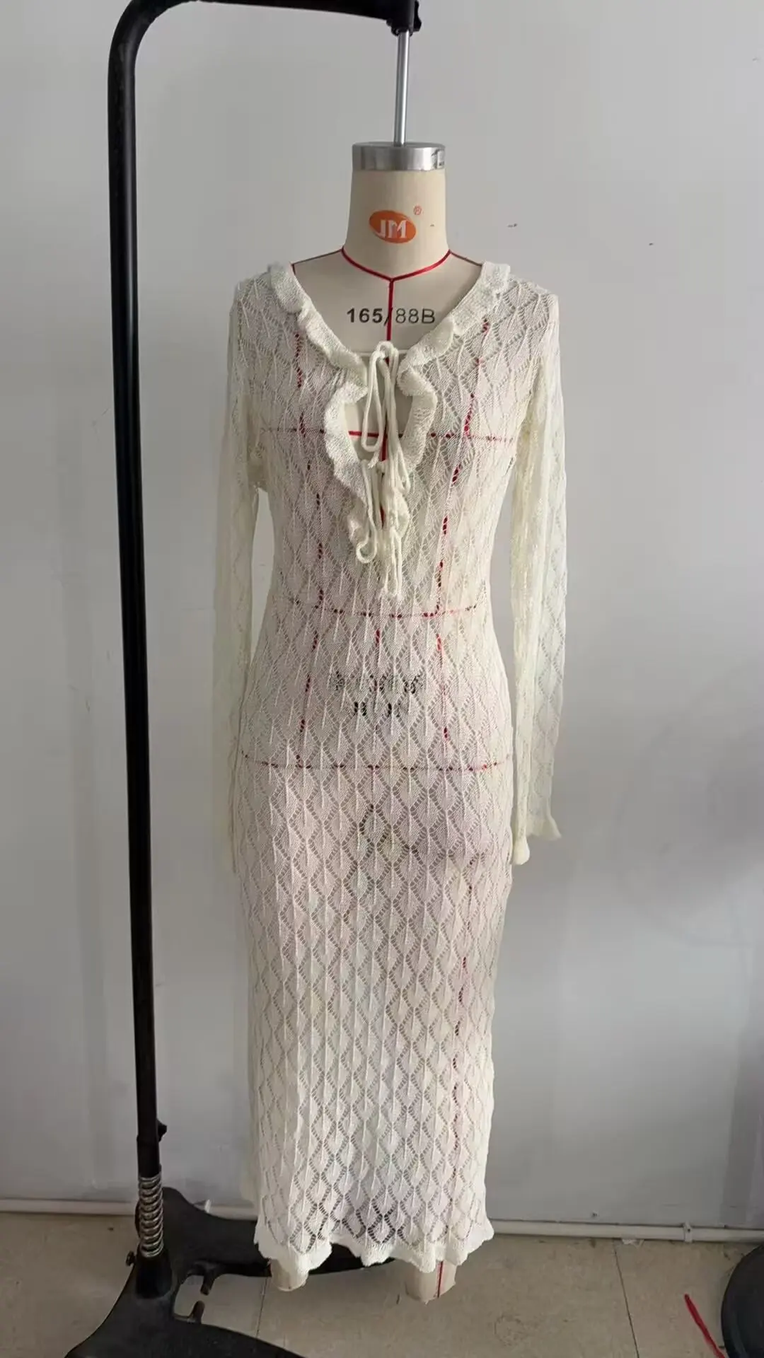 フレンチボヘミアンシックニットマキシワンピース レディース 夏 ディープVクロシェ ホローアウト 長袖 バケーション ビーチ パーティー セクシーレディースドレス