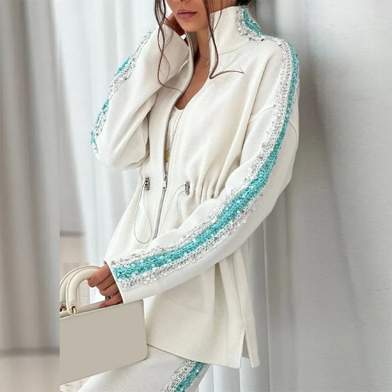 Autumn Winter Solid Patchwork Sequin Set for Women Drawstring Lapel Top Coat & Straight Pant Outfit Casual Long Sleeve 2pcs Suit