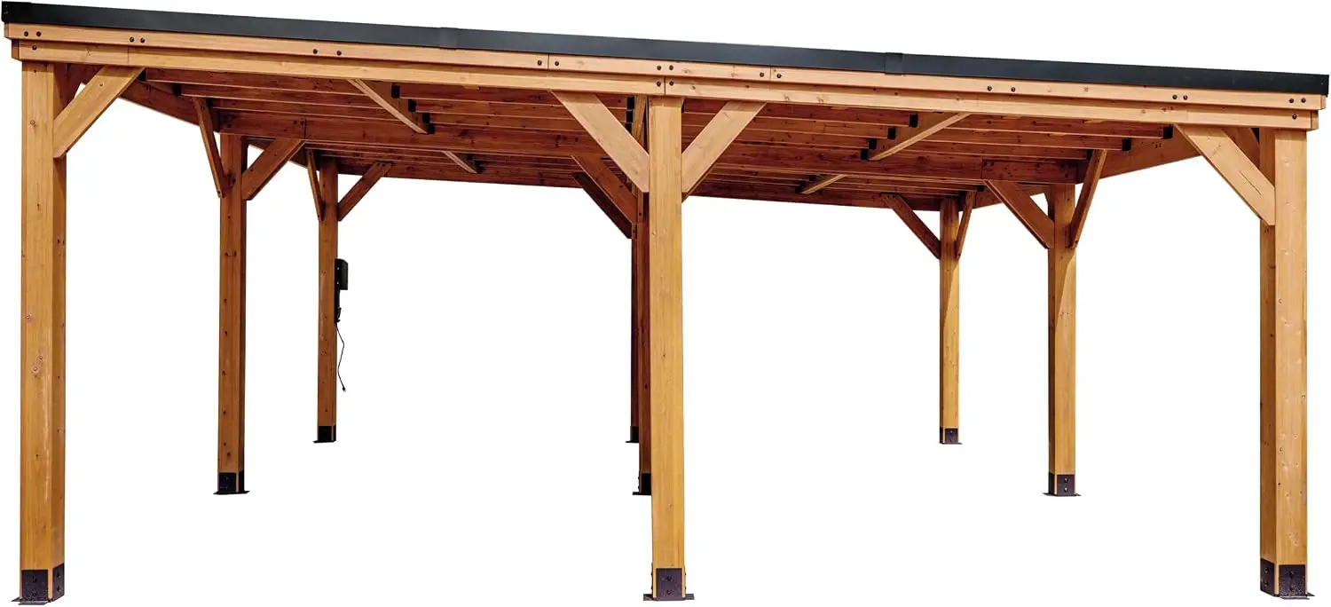 Kingsport 20' x 20' Cedar Wood Outdoor Carport Garage with Heavy-Duty Galvanized Steel Slope Roof, Snow Support, Wind Resistance