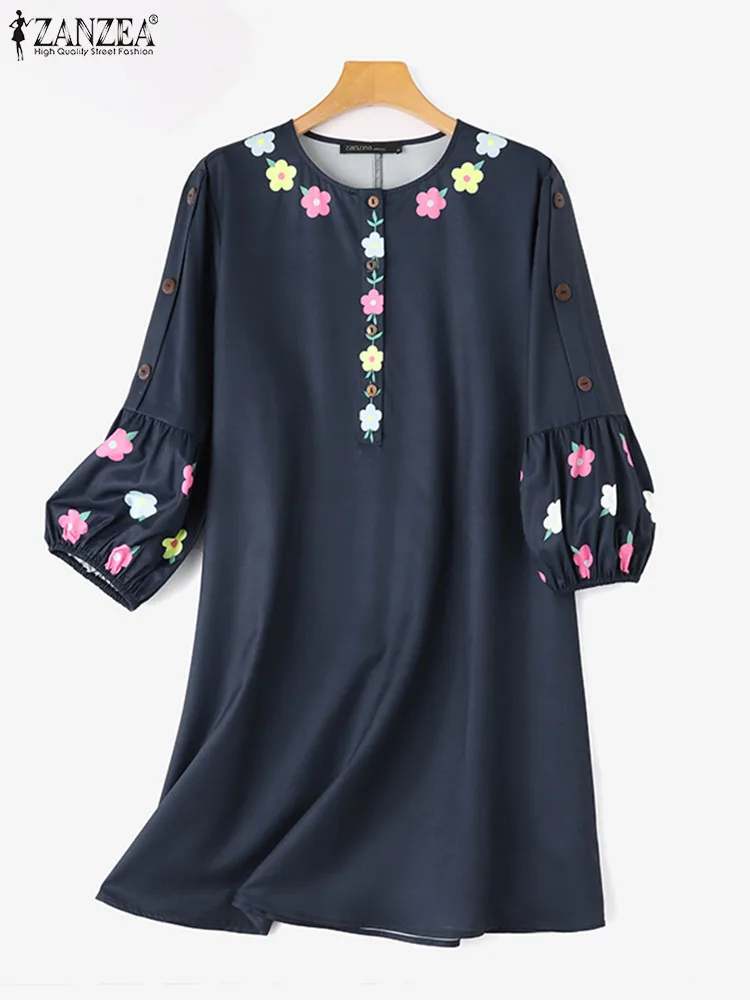 ZANZEA Spring Casual Floral Printed Muslim Blouse 3/4 Sleeve O-Neck Tunic Tops Fashion Holiday Chemise Elegant Abaya Blusas